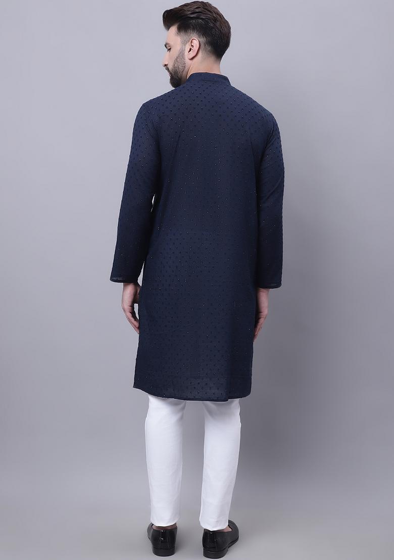 Blue Plain Pure Cotton Kurta For Men