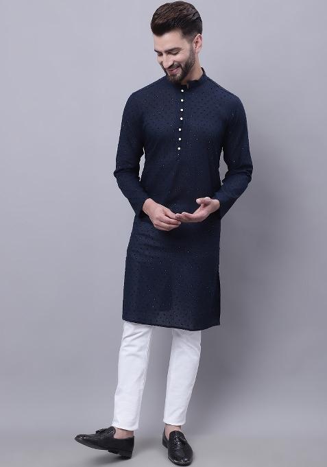 Blue Plain Pure Cotton Kurta For Men