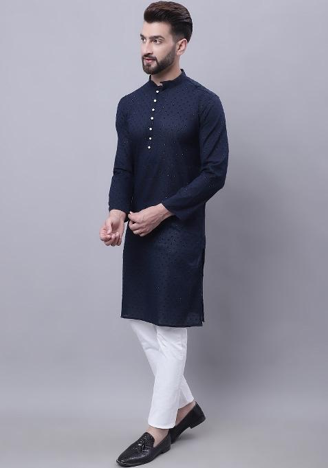 Blue Plain Pure Cotton Kurta For Men
