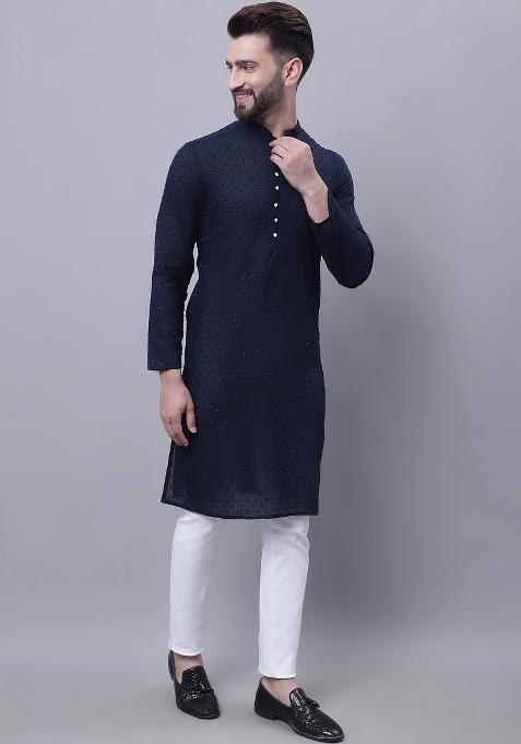 Blue Plain Pure Cotton Kurta For Men