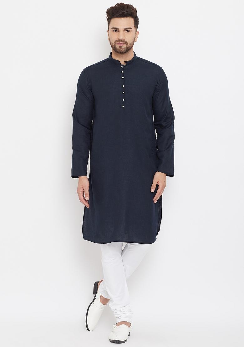 Blue Plain Pure Cotton Kurta For Men