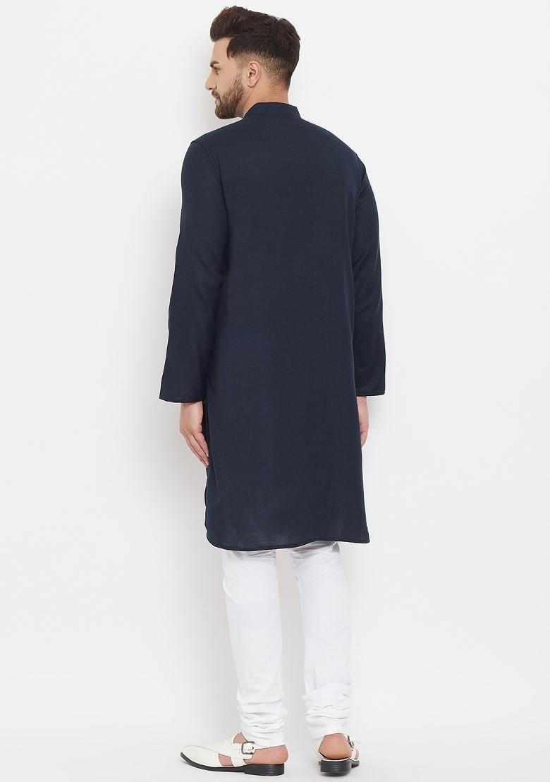 Blue Plain Pure Cotton Kurta For Men