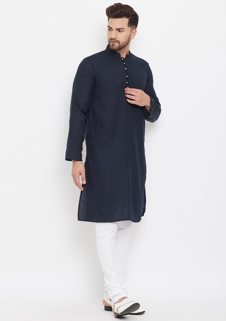 Blue Plain Pure Cotton Kurta For Men - Indya