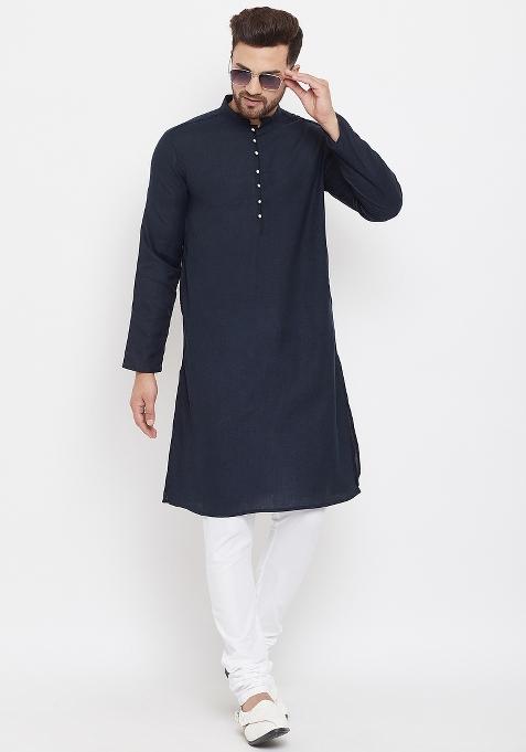 Blue Plain Pure Cotton Kurta For Men
