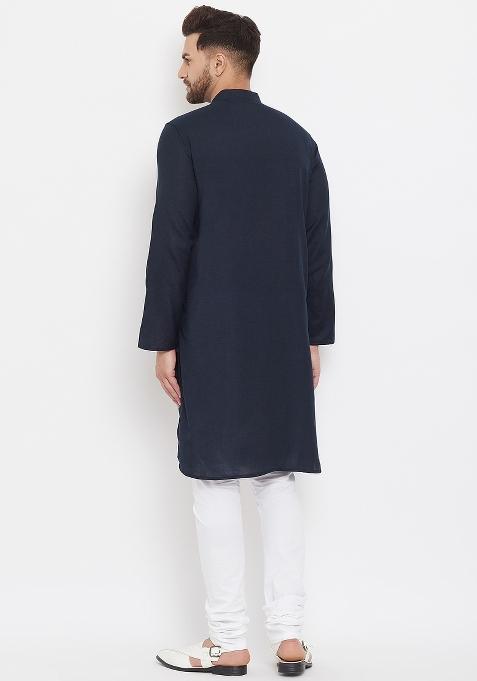 Blue Plain Pure Cotton Kurta For Men