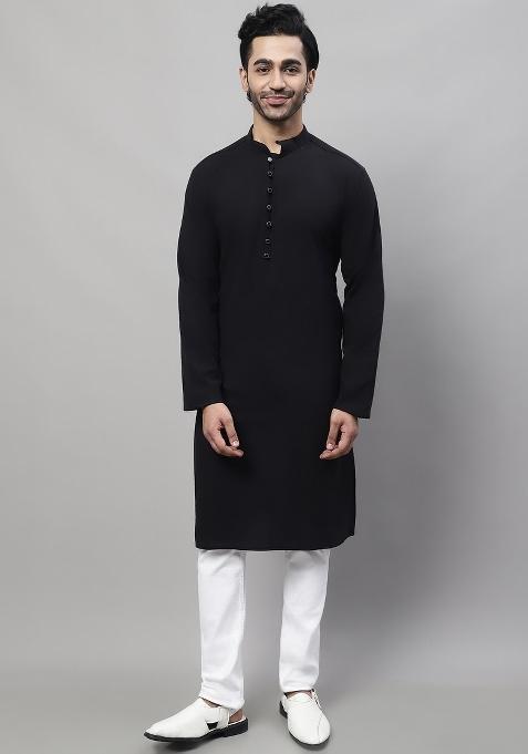 Black Plain Pure Cotton Kurta For Men