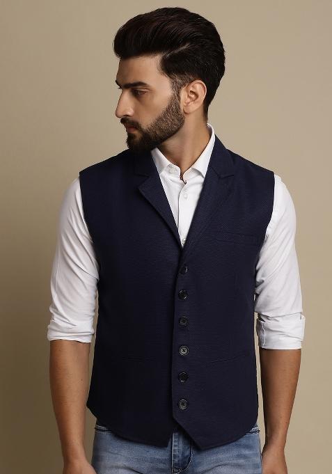 Blue Plain Polywool Kurta For Men