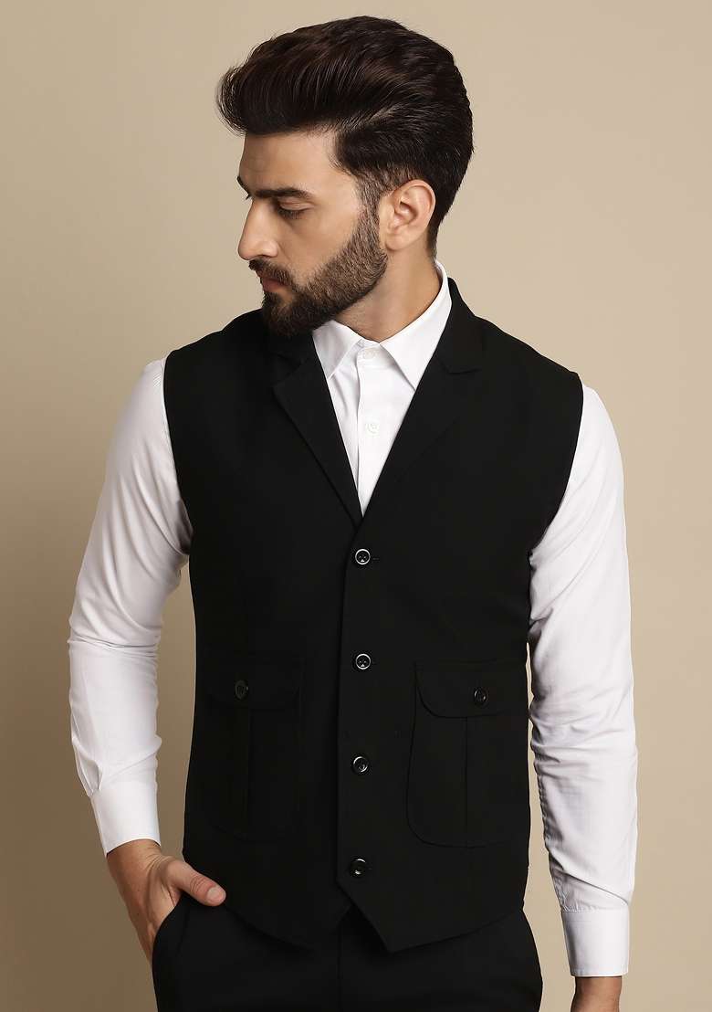 Black Plain Polywool Kurta For Men - Indya