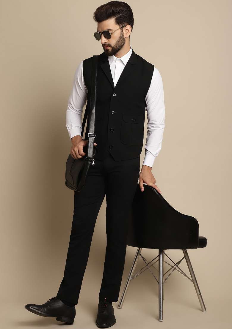 Black Plain Polywool Kurta For Men - Indya