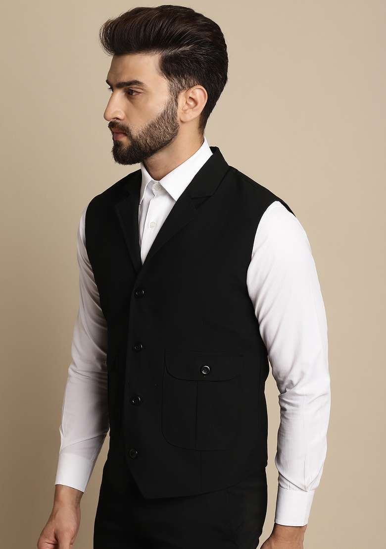 Black Plain Polywool Kurta For Men - Indya
