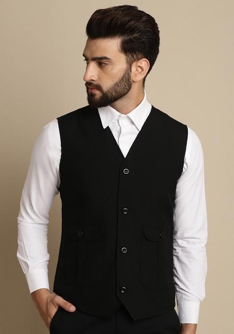 Black Plain Polywool Kurta For Men