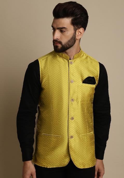Yellow Plain Art Silk Kurta For Men