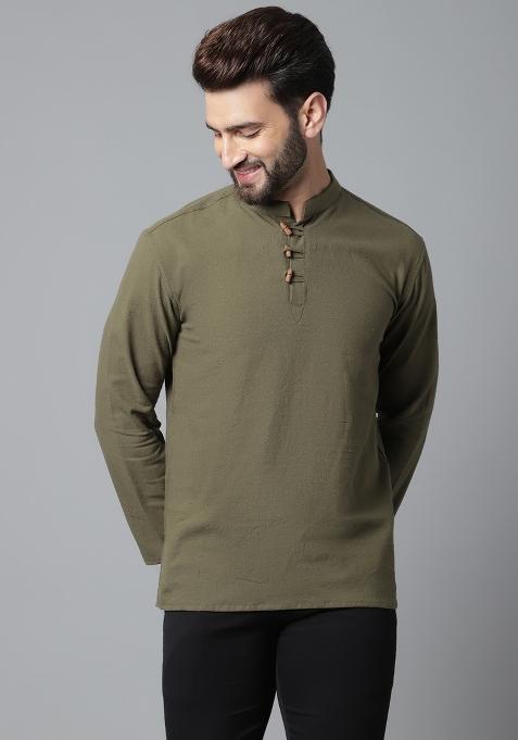 Green Plain Pure Cotton Kurta For Men