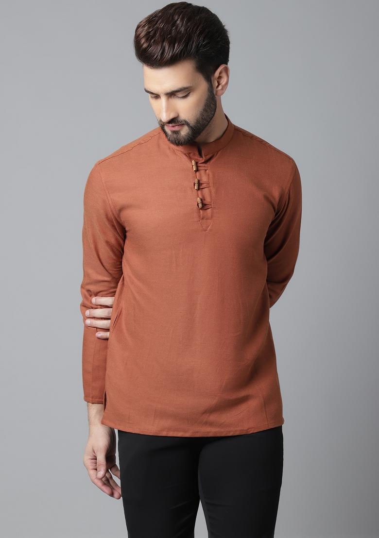 Rust Brown Plain Pure Cotton Kurta For Men