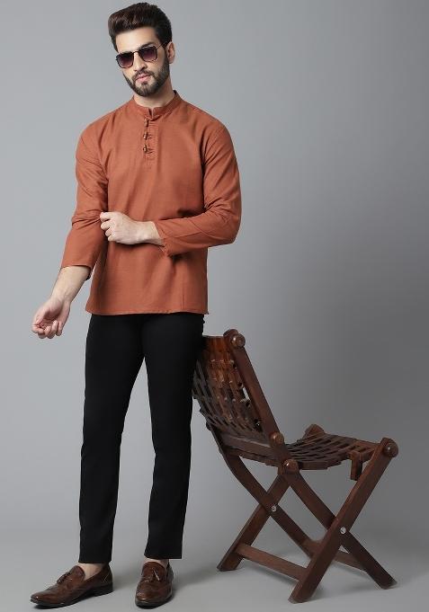Rust Brown Plain Pure Cotton Kurta For Men
