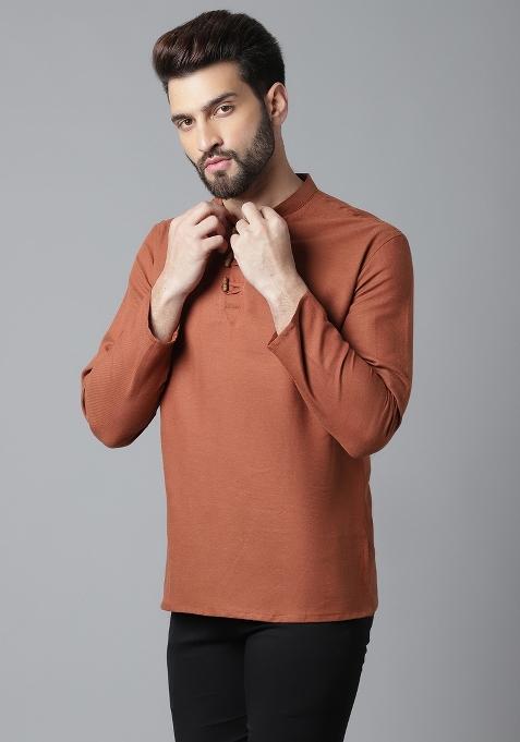 Rust Brown Plain Pure Cotton Kurta For Men