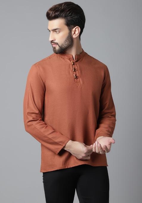 Rust Brown Plain Pure Cotton Kurta For Men