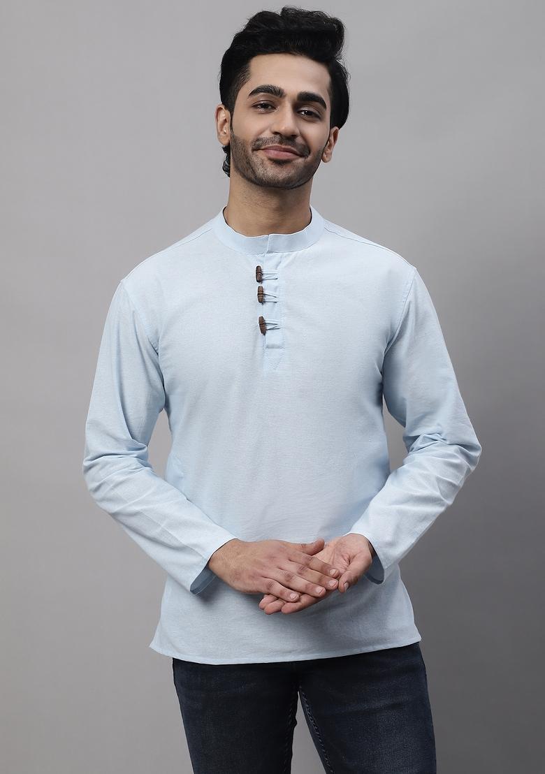 Blue Plain Pure Cotton Kurta For Men