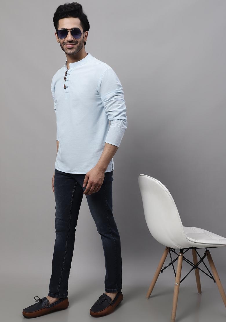 Blue Plain Pure Cotton Kurta For Men
