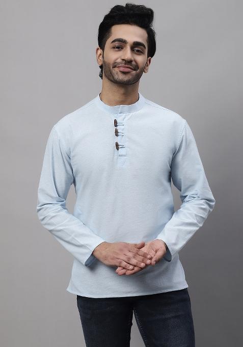 Blue Plain Pure Cotton Kurta For Men