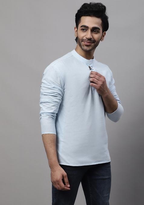 Blue Plain Pure Cotton Kurta For Men