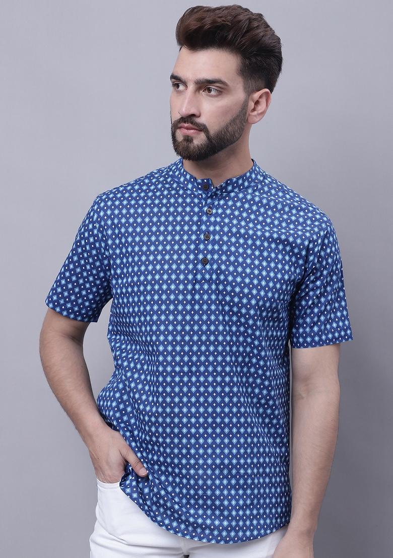Blue Plain Pure Cotton Kurta For Men