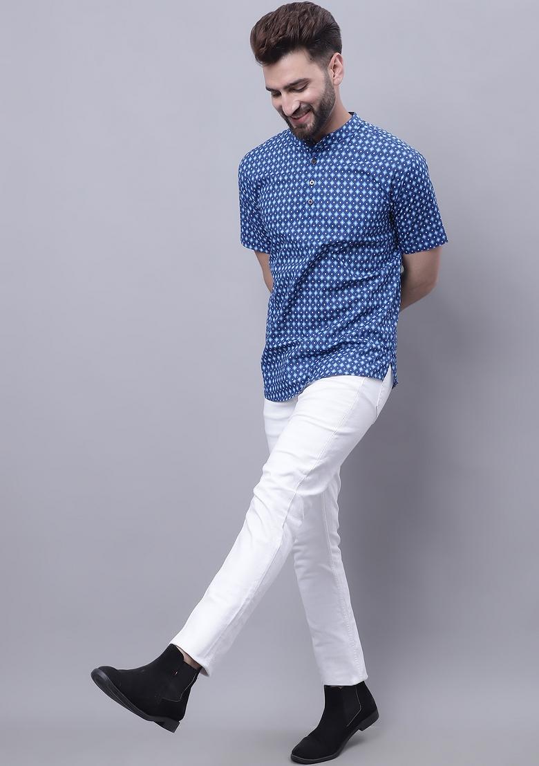 Blue Plain Pure Cotton Kurta For Men
