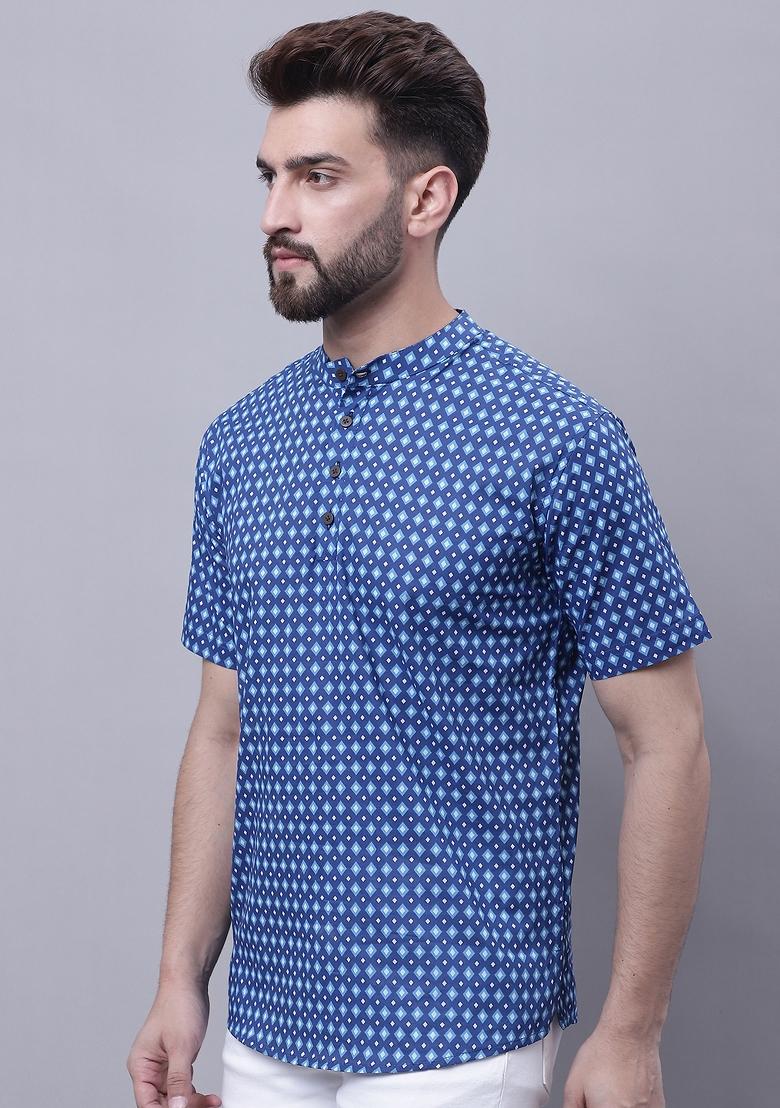 Blue Plain Pure Cotton Kurta For Men
