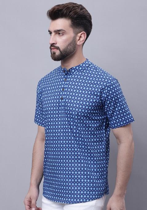 Blue Plain Pure Cotton Kurta For Men