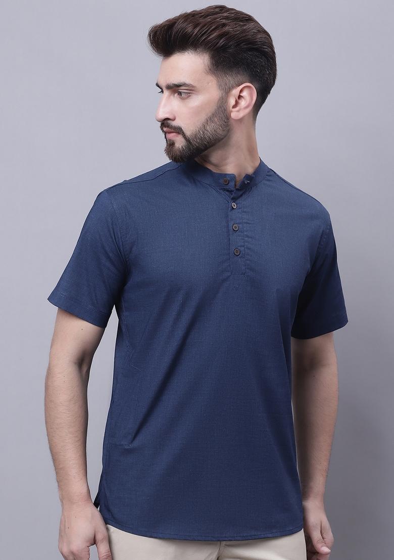 Blue Plain Pure Cotton Kurta For Men