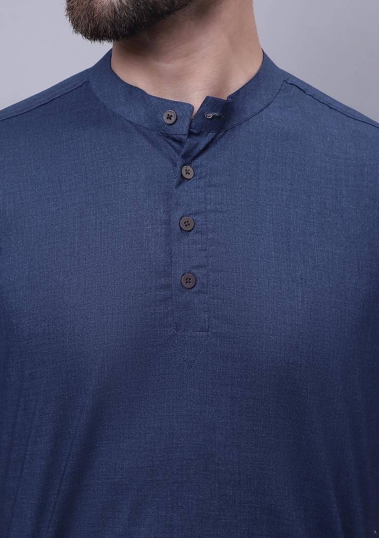 Blue Plain Pure Cotton Kurta For Men - Indya