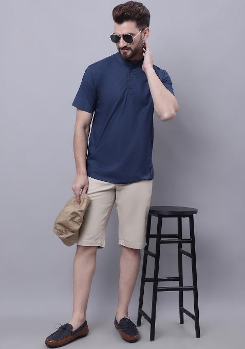 Blue Plain Pure Cotton Kurta For Men