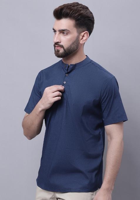 Blue Plain Pure Cotton Kurta For Men
