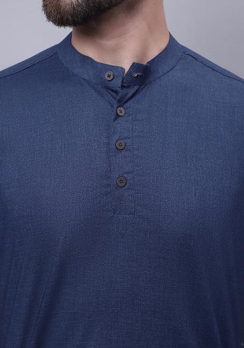 Blue Plain Pure Cotton Kurta For Men