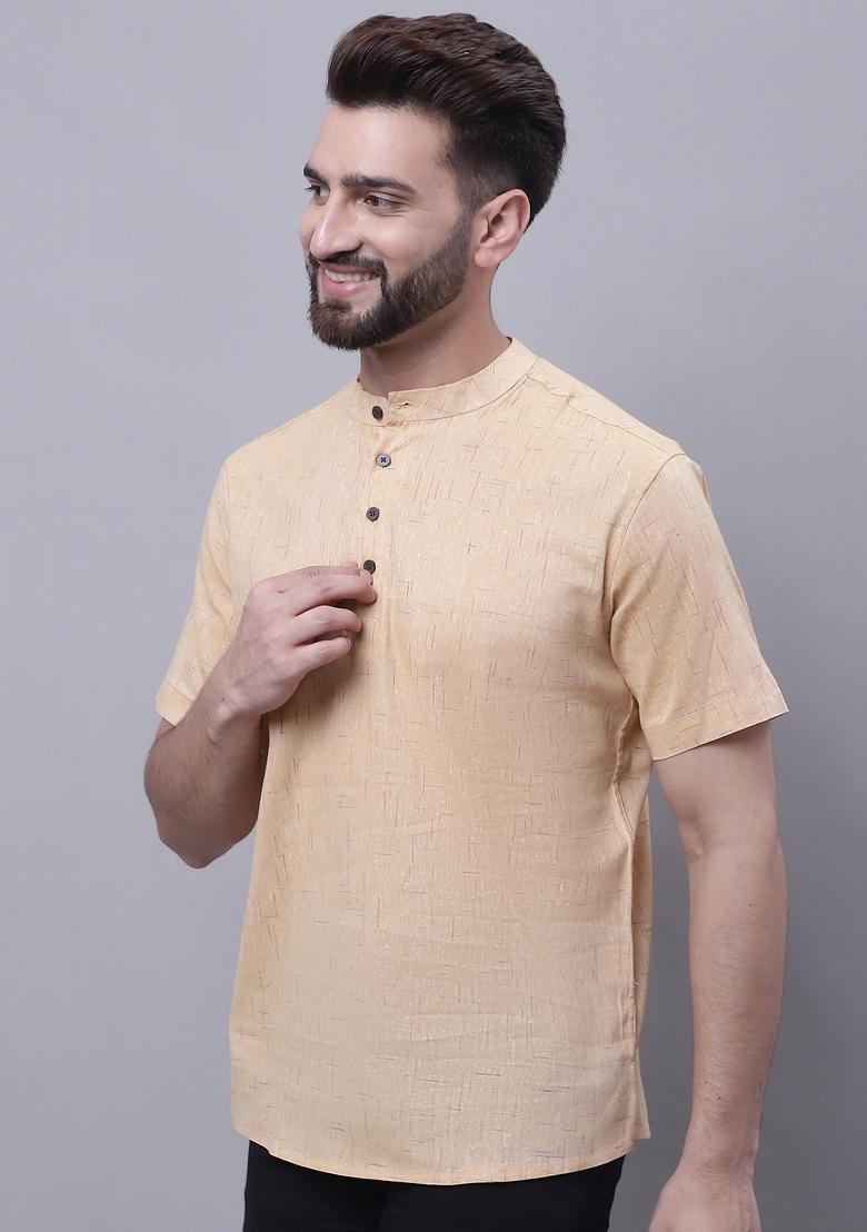 Beige Plain Pure Cotton Kurta For Men