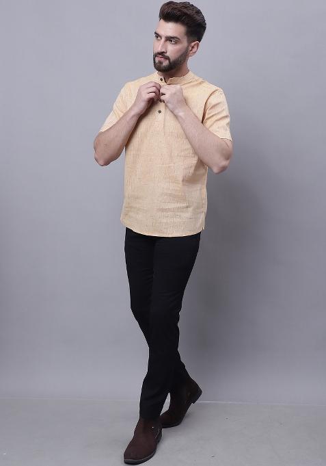 Beige Plain Pure Cotton Kurta For Men