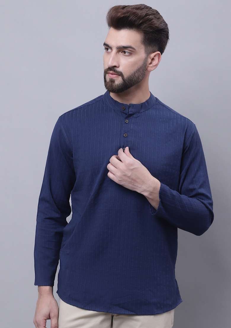 Blue Plain Pure Cotton Kurta For Men - Indya