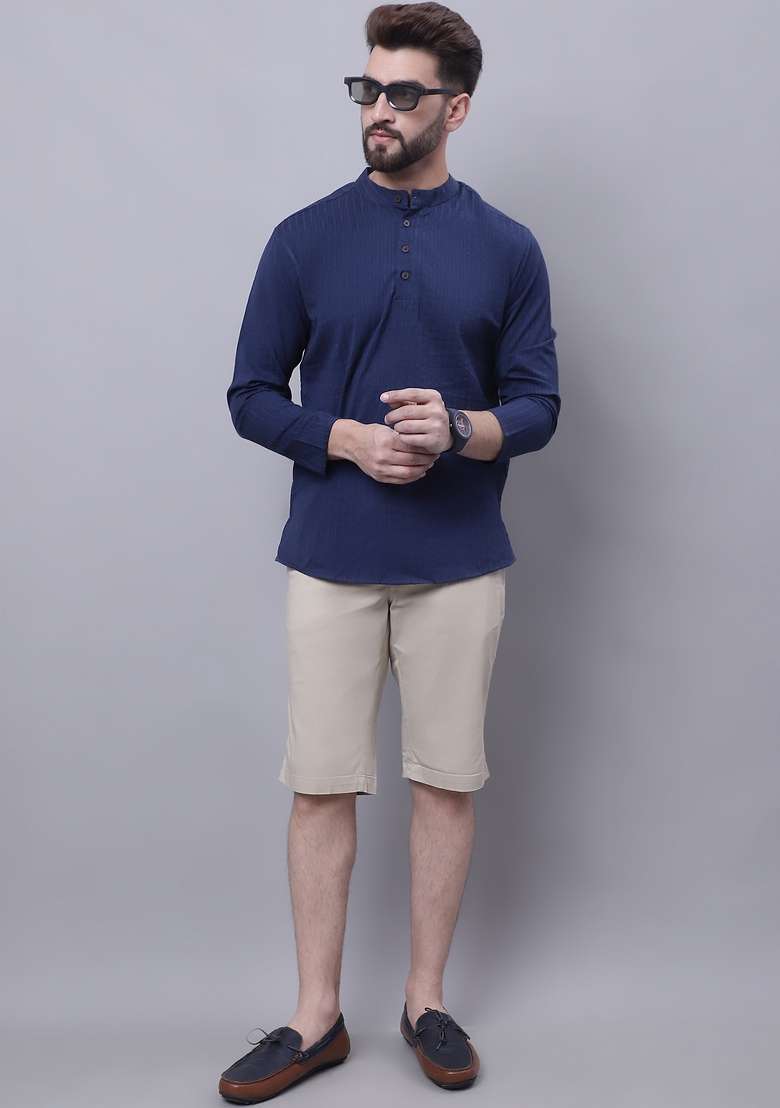 Blue Plain Pure Cotton Kurta For Men - Indya