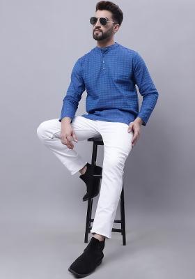 Blue Plain Pure Cotton Kurta For Men