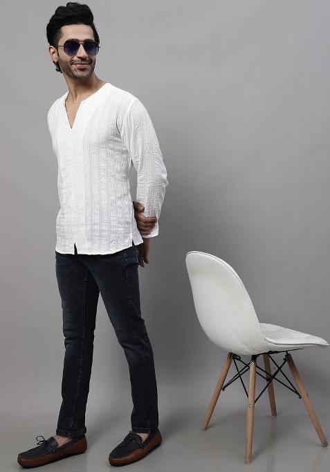 White Plain Pure Cotton Kurta For Men