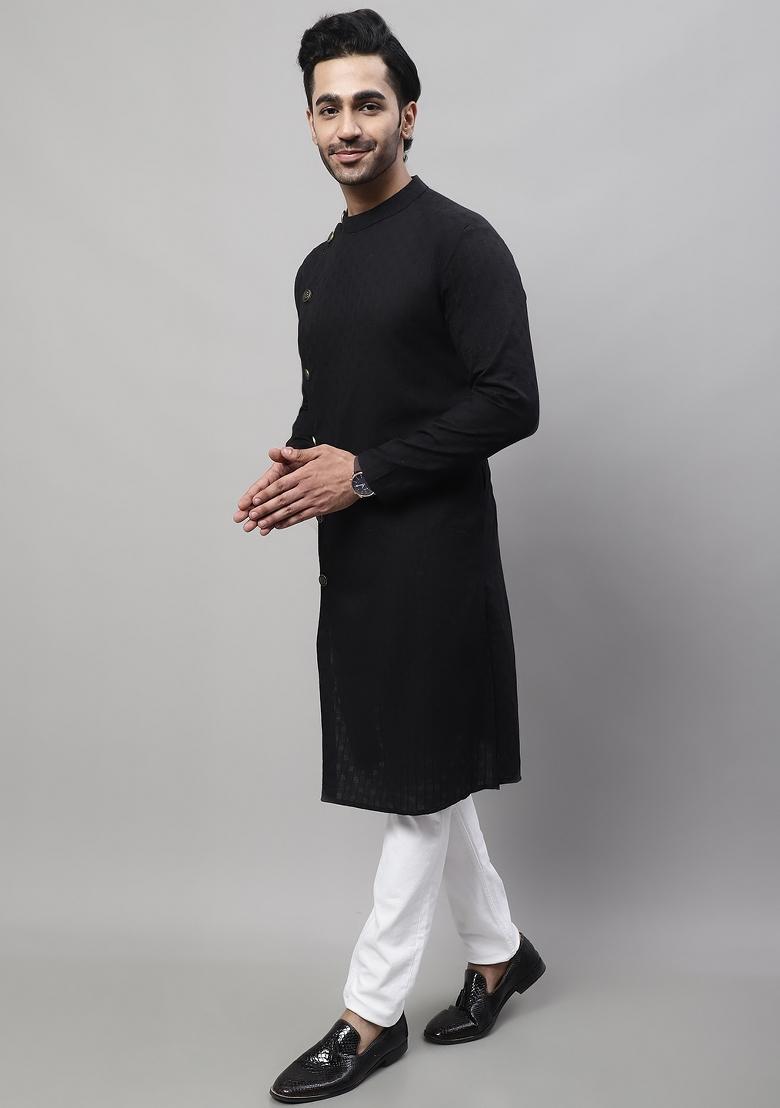 Black Plain Pure Cotton Kurta For Men - Indya