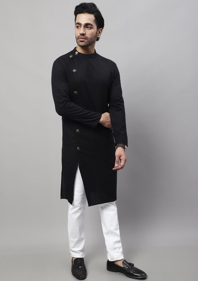 Black Plain Pure Cotton Kurta For Men - Indya