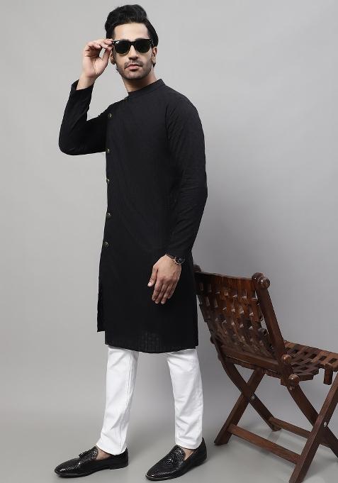 Black Plain Pure Cotton Kurta For Men