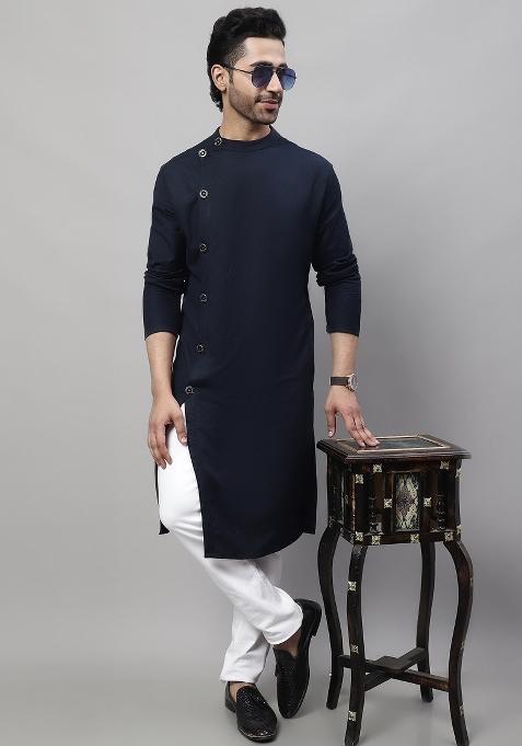 Blue Plain Cotton Linen Kurta For Men