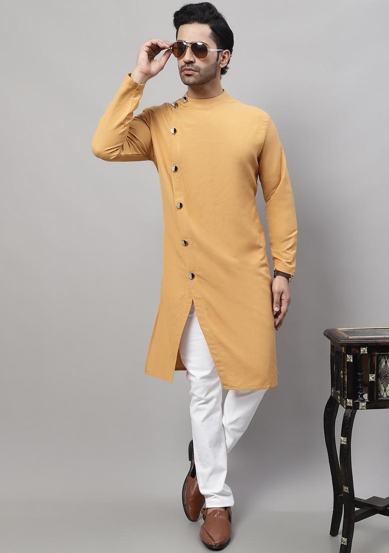 Mustard Yellow Plain Pure Cotton Kurta For Men