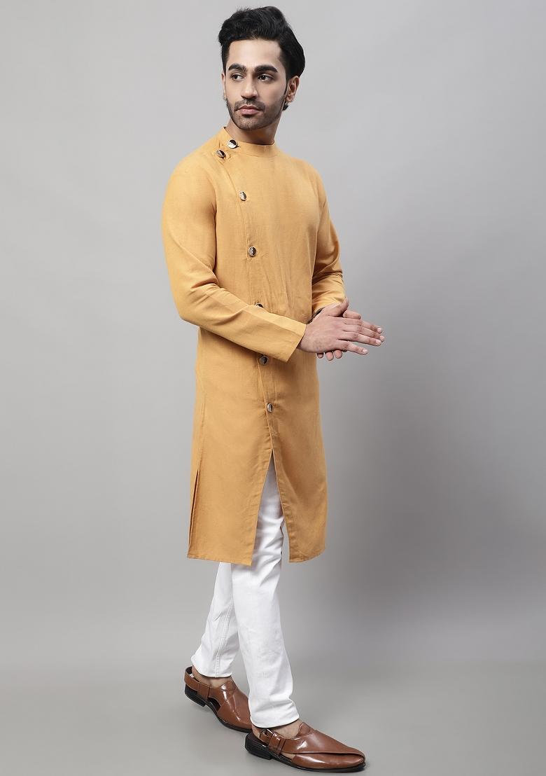 Mustard Yellow Plain Pure Cotton Kurta For Men