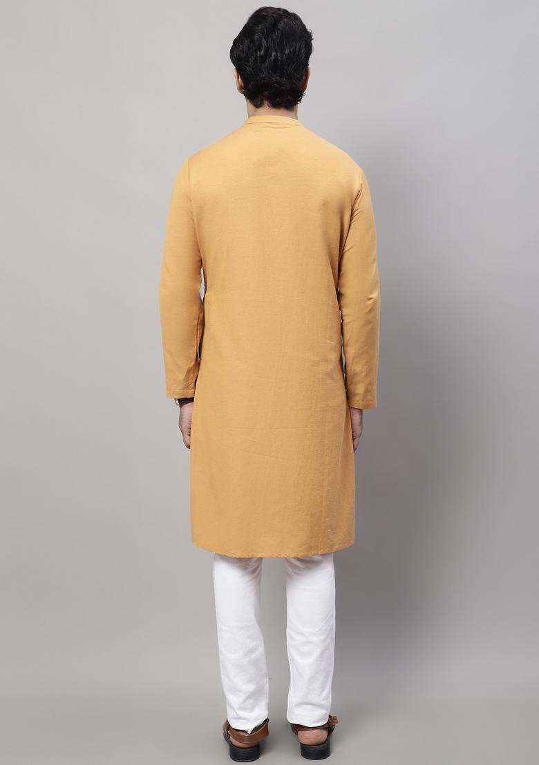 Mustard Yellow Plain Pure Cotton Kurta For Men
