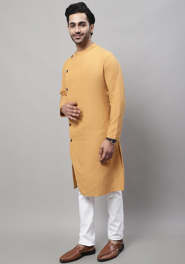 Mustard Yellow Plain Pure Cotton Kurta For Men