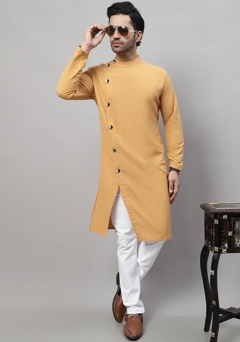 Mustard Yellow Plain Pure Cotton Kurta For Men