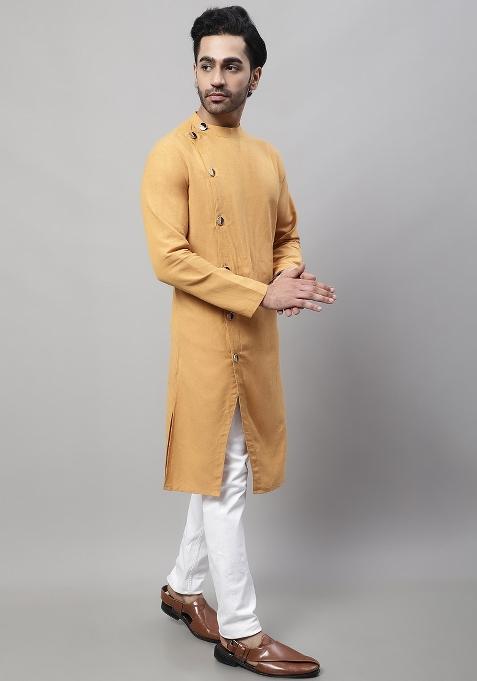Mustard Yellow Plain Pure Cotton Kurta For Men